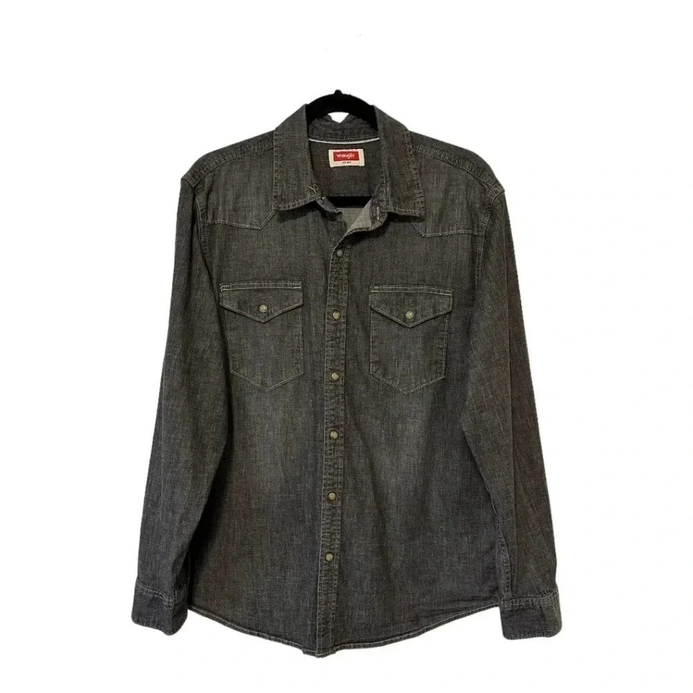 Wrangler Denim Western Snap Front Shirt In Black Wash Denim - Size Large